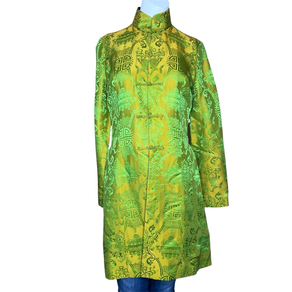 Vintage Shanghai Tang Gold/Green Mandarin-Collar Silk Qipao Dress Sz S